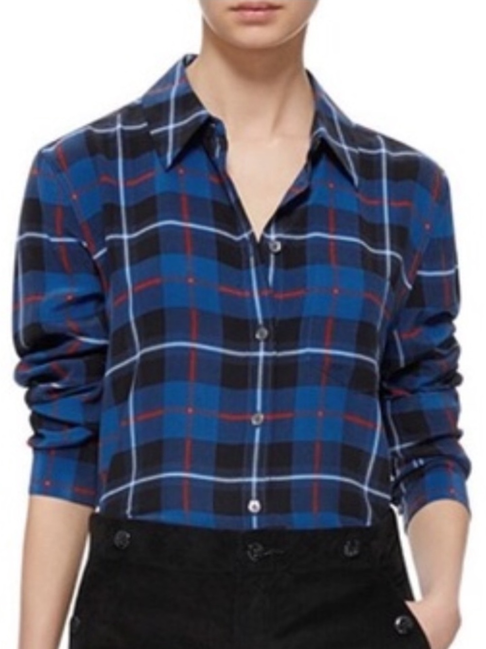 Equipment Femme Blue White Red Silk Short Sleeve Button Down Blouse Size M